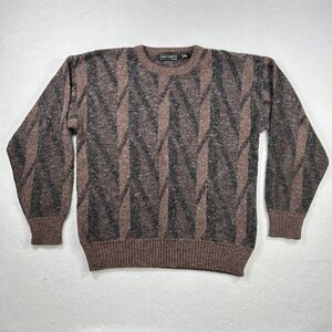 Peter England Sweater Mens Large Brown Geometric Diamond Wool VTG‎ Knit Crewneck